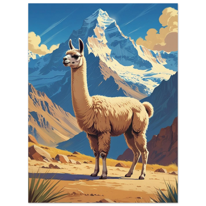 Grafisk illustration av en lama som blickar ut över en dalgång