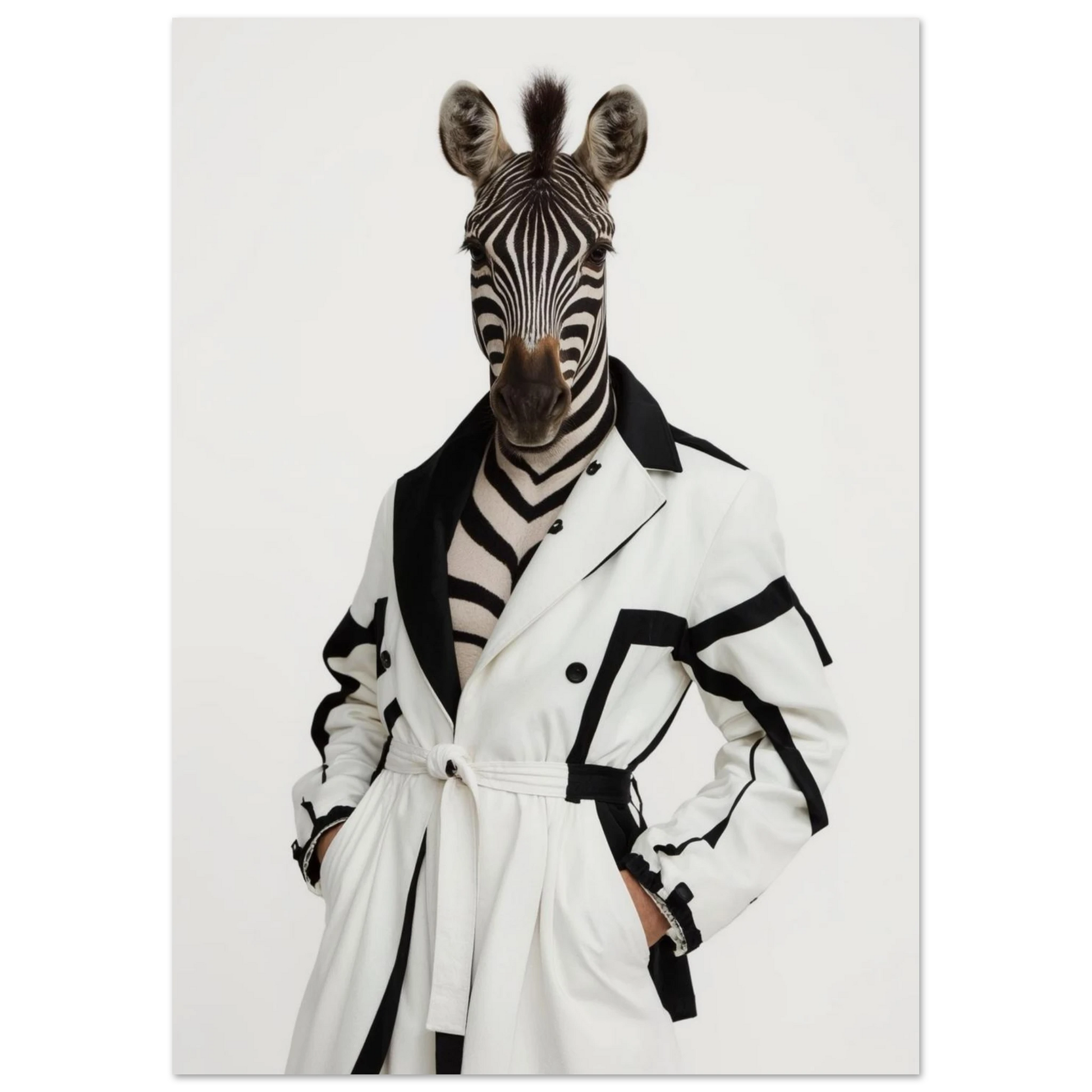 Surrealistisk zebraposter föreställande ett djur i modern vit modekappa