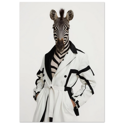 Surrealistisk zebraposter föreställande ett djur i modern vit modekappa