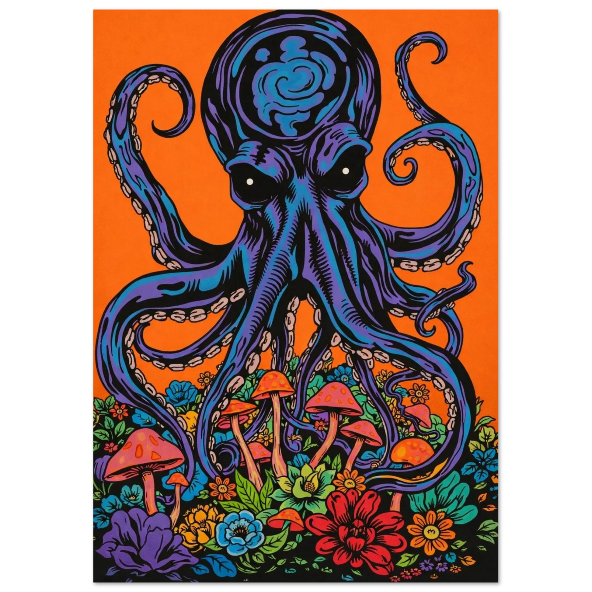 Närbild på surrealistiskt motiv med tentakler och blommor i retrostil