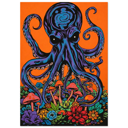 Närbild på surrealistiskt motiv med tentakler och blommor i retrostil