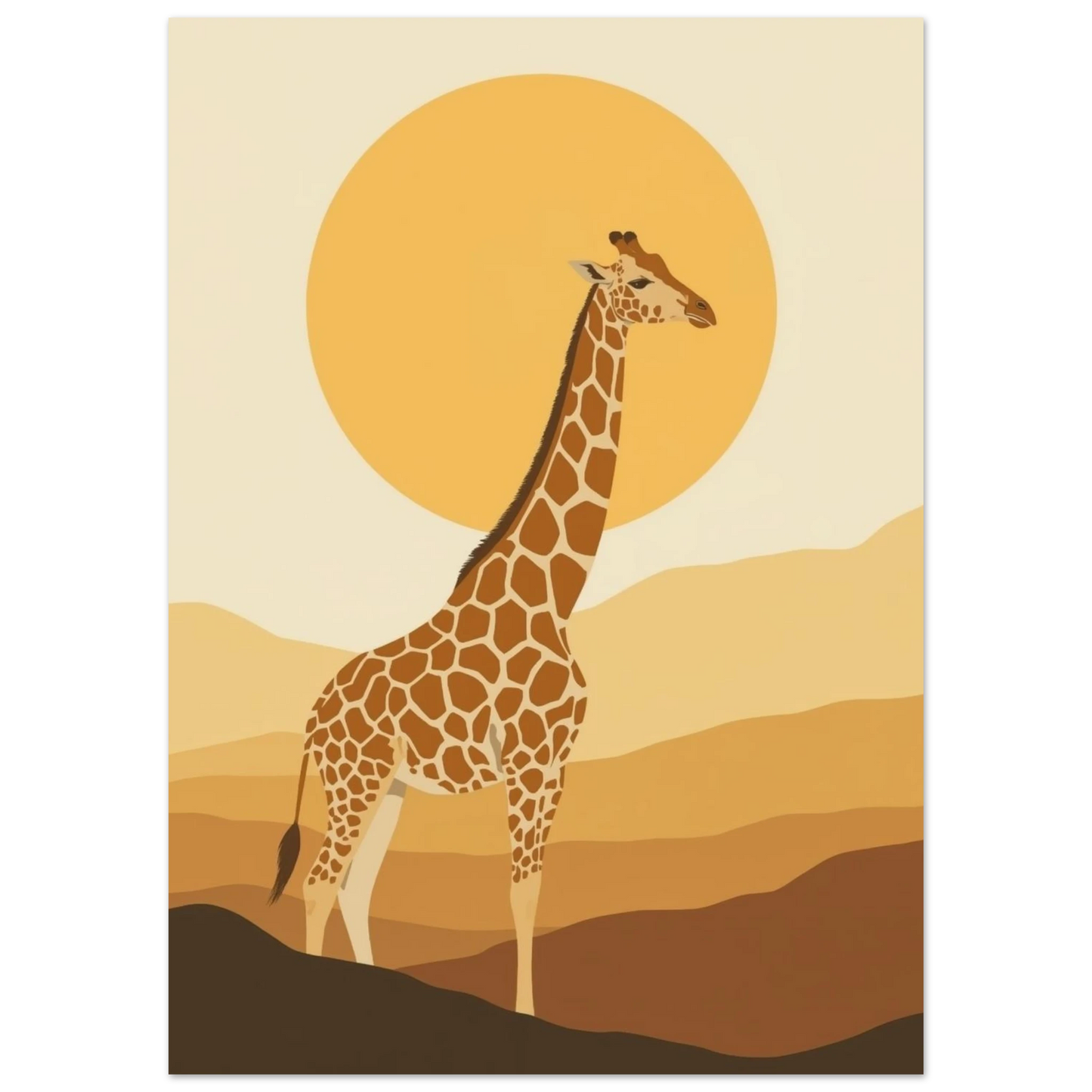 Minimalistisk illustration av en giraff mot en gyllene cirkelformad sol