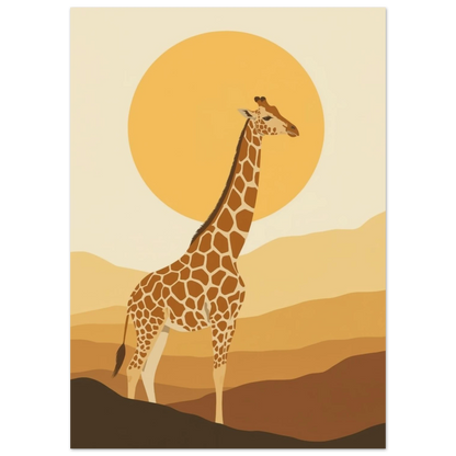 Minimalistisk illustration av en giraff mot en gyllene cirkelformad sol