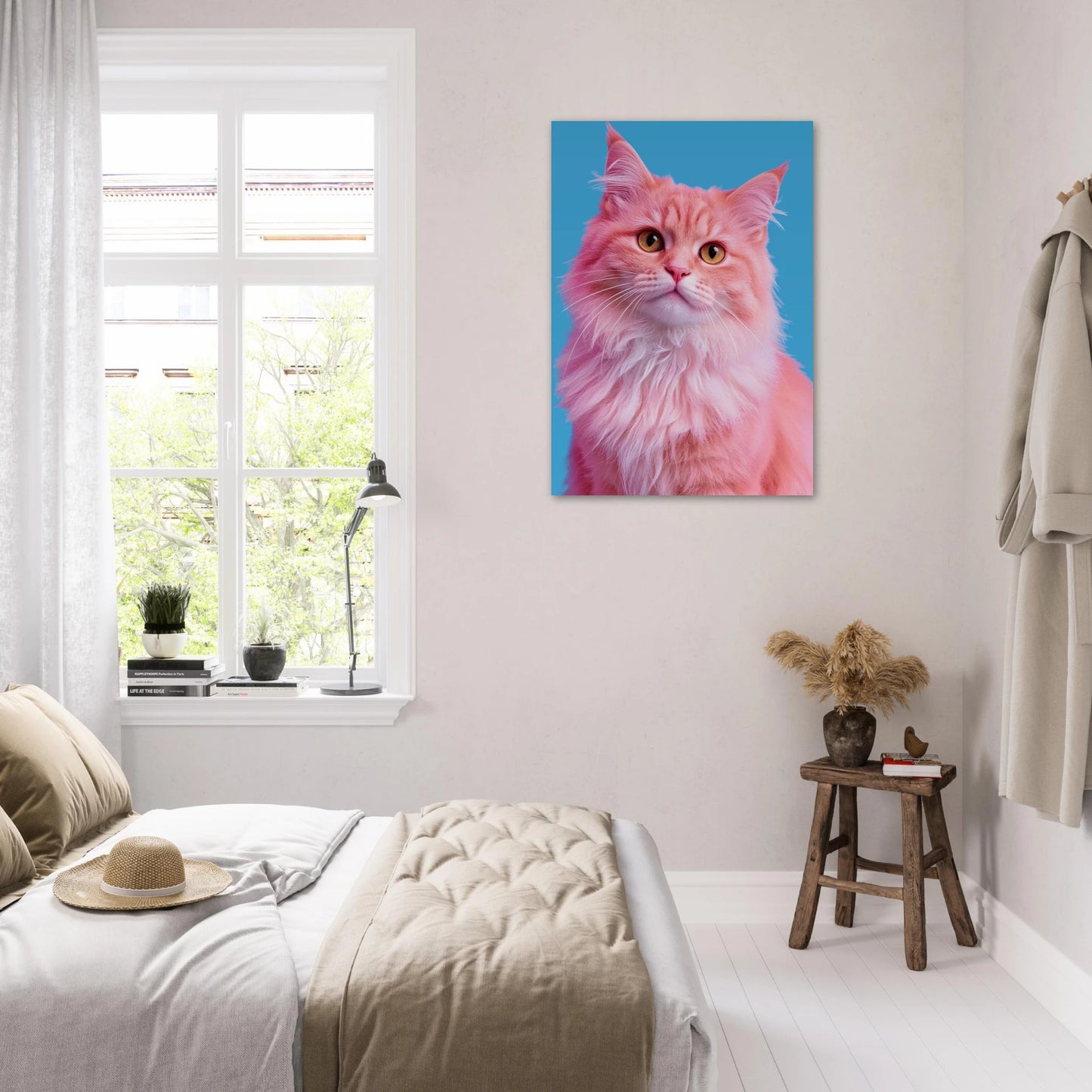 Inredningsbild med en stor poster av en rosa katt över sängen