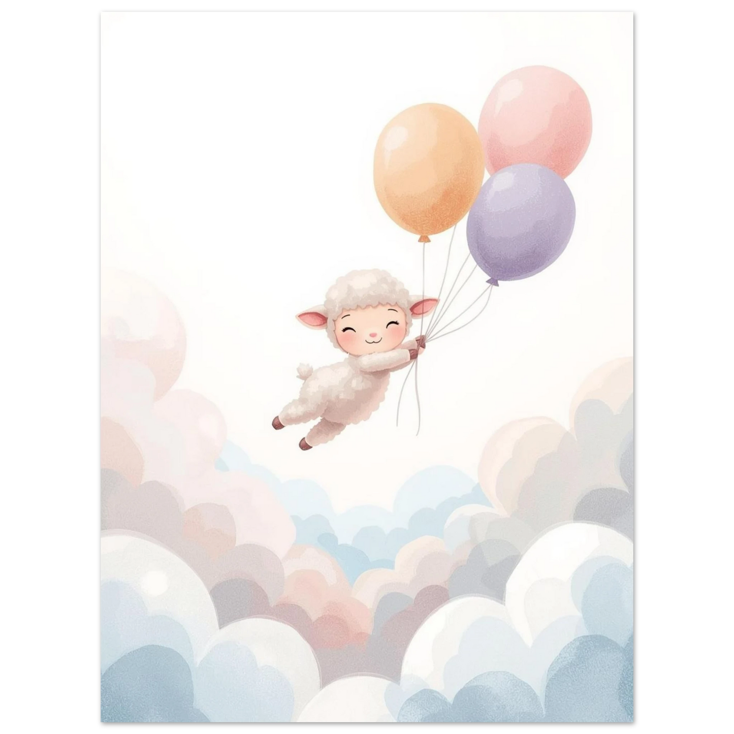 Mjukt illustrerat lamm i en fantasifull flykt med pastellfärgade ballonger och moln