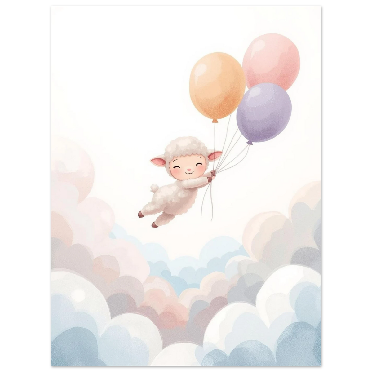Mjukt illustrerat lamm i en fantasifull flykt med pastellfärgade ballonger och moln