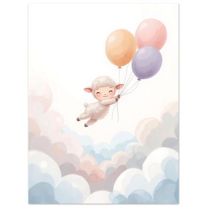 Mjukt illustrerat lamm i en fantasifull flykt med pastellfärgade ballonger och moln