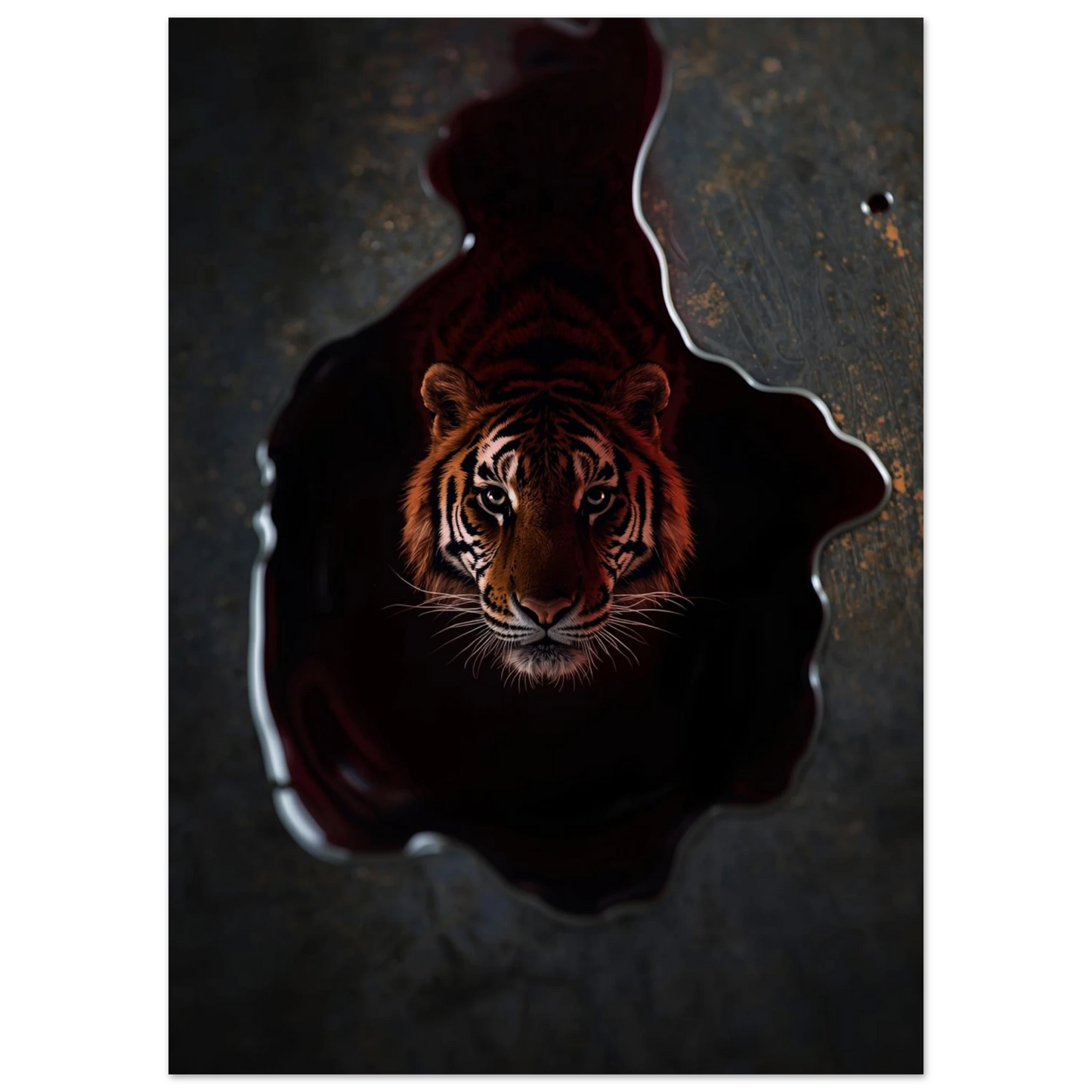 Närbild av tiger i mörk vätska med orangea detaljer, poster