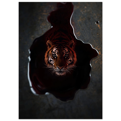 Närbild av tiger i mörk vätska med orangea detaljer, poster
