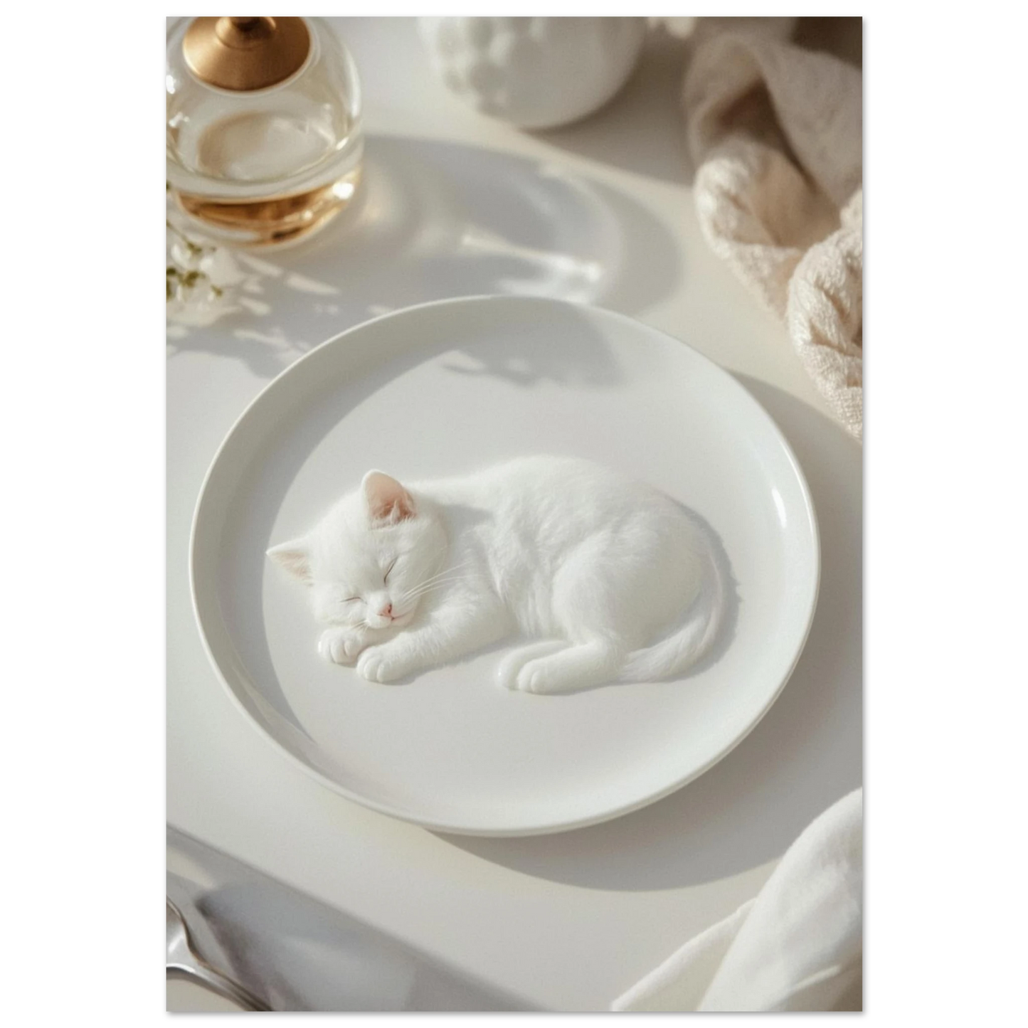 Vit kattunge som sover på en tallrik, minimalistisk djurposter