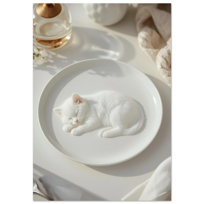 Vit kattunge som sover på en tallrik, minimalistisk djurposter