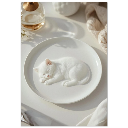 Vit kattunge som sover på en tallrik, minimalistisk djurposter