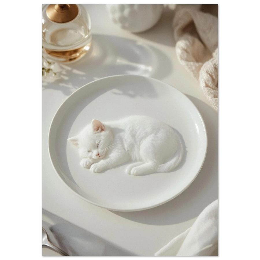 Vit kattunge som sover på en tallrik, minimalistisk djurposter