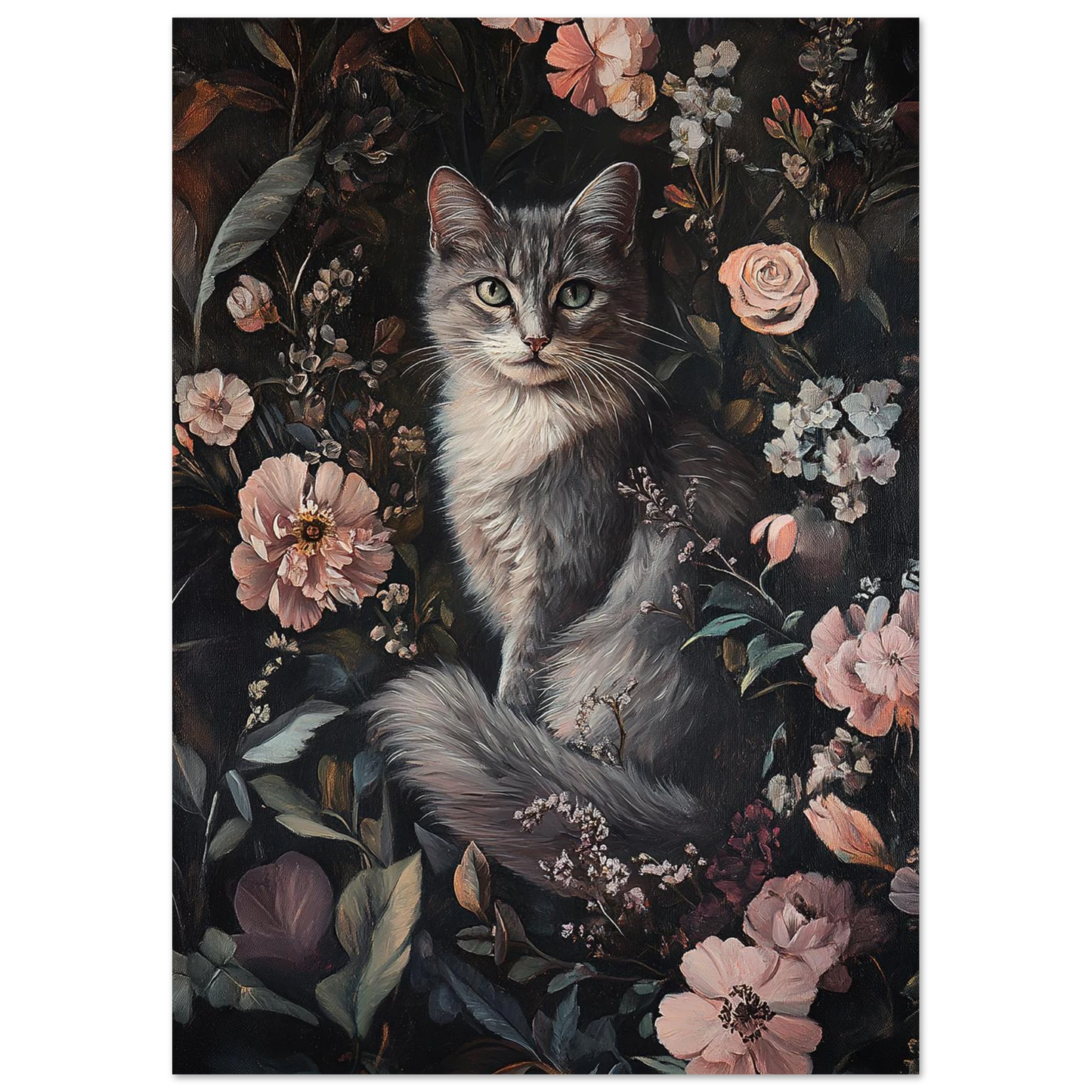 Konstnärlig oljemålning av en katt omgiven av dämpad flora och blad