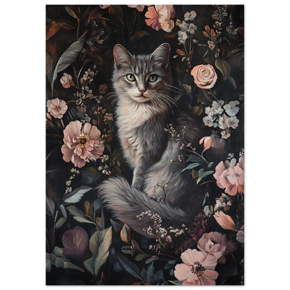 Konstnärlig oljemålning av en katt omgiven av dämpad flora och blad