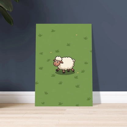 Pixelart-får med fluffig vit päls på grön äng, lugn stämning.