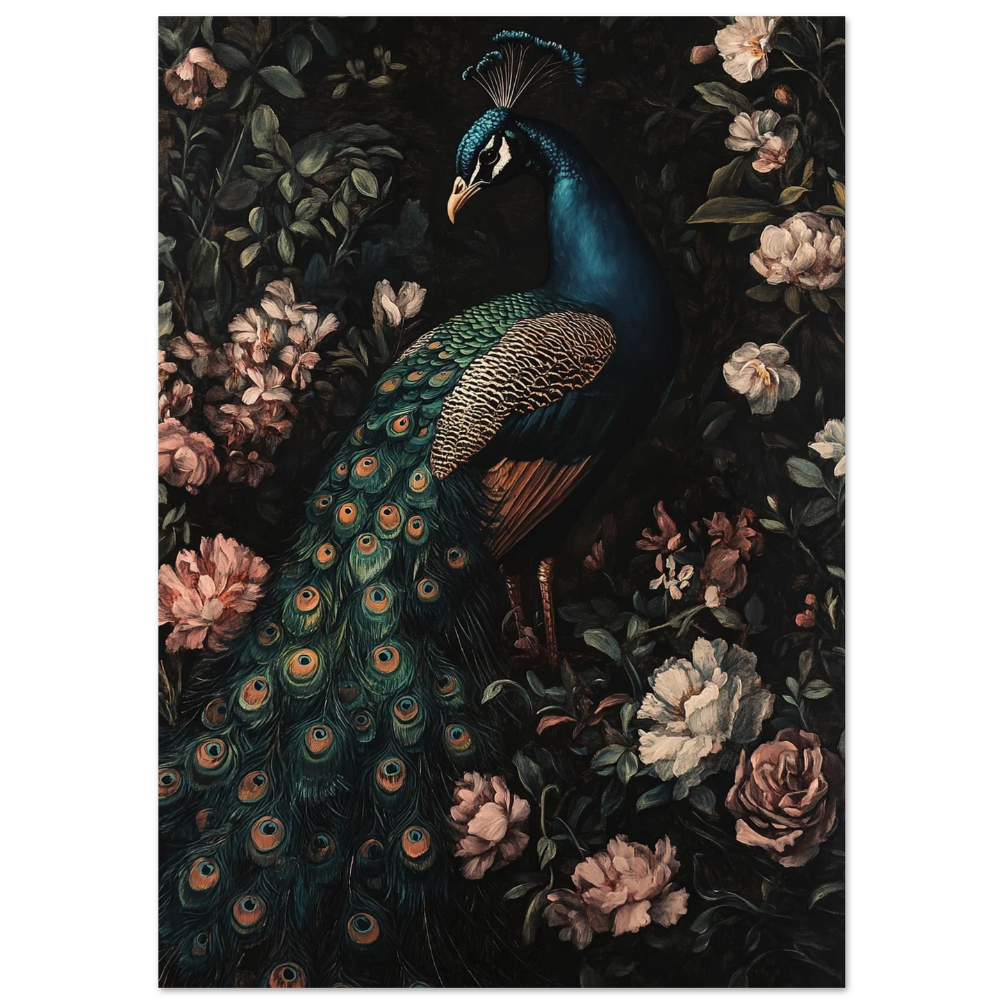 Påfågel motiv kantat av vintage-inspirerade blommor och bladverk – Målad poster