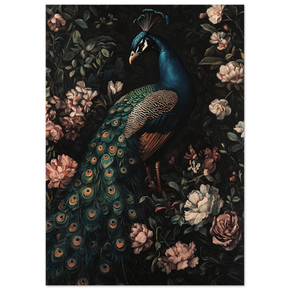 Påfågel motiv kantat av vintage-inspirerade blommor och bladverk – Målad poster