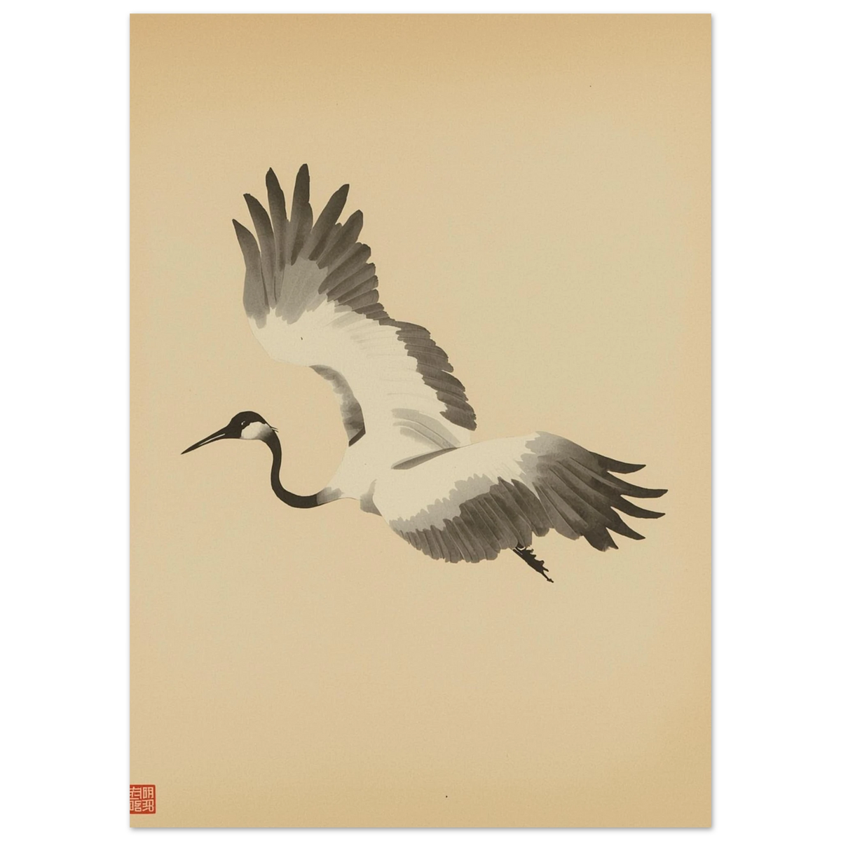 Minimalistisk poster med trana i flykt, gråskalig illustration på beige papper