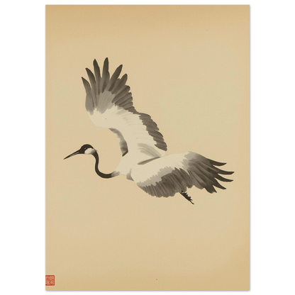 Minimalistisk poster med trana i flykt, gråskalig illustration på beige papper