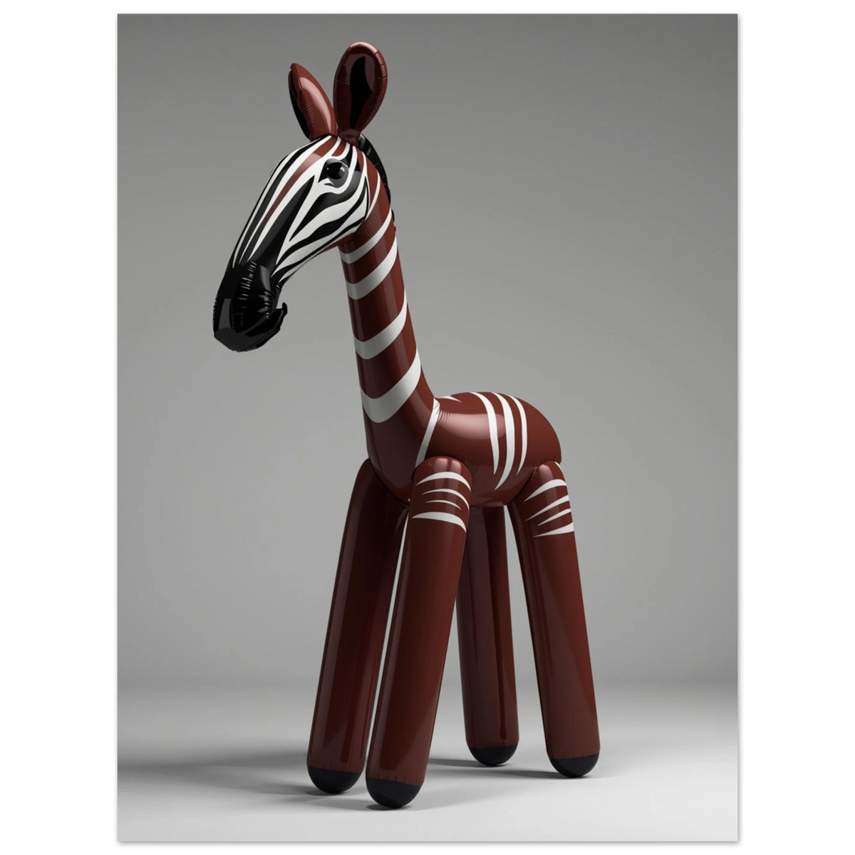 Surrealistiskt djurmotiv med en brun och vitrandig okapi i uppblåsbart material
