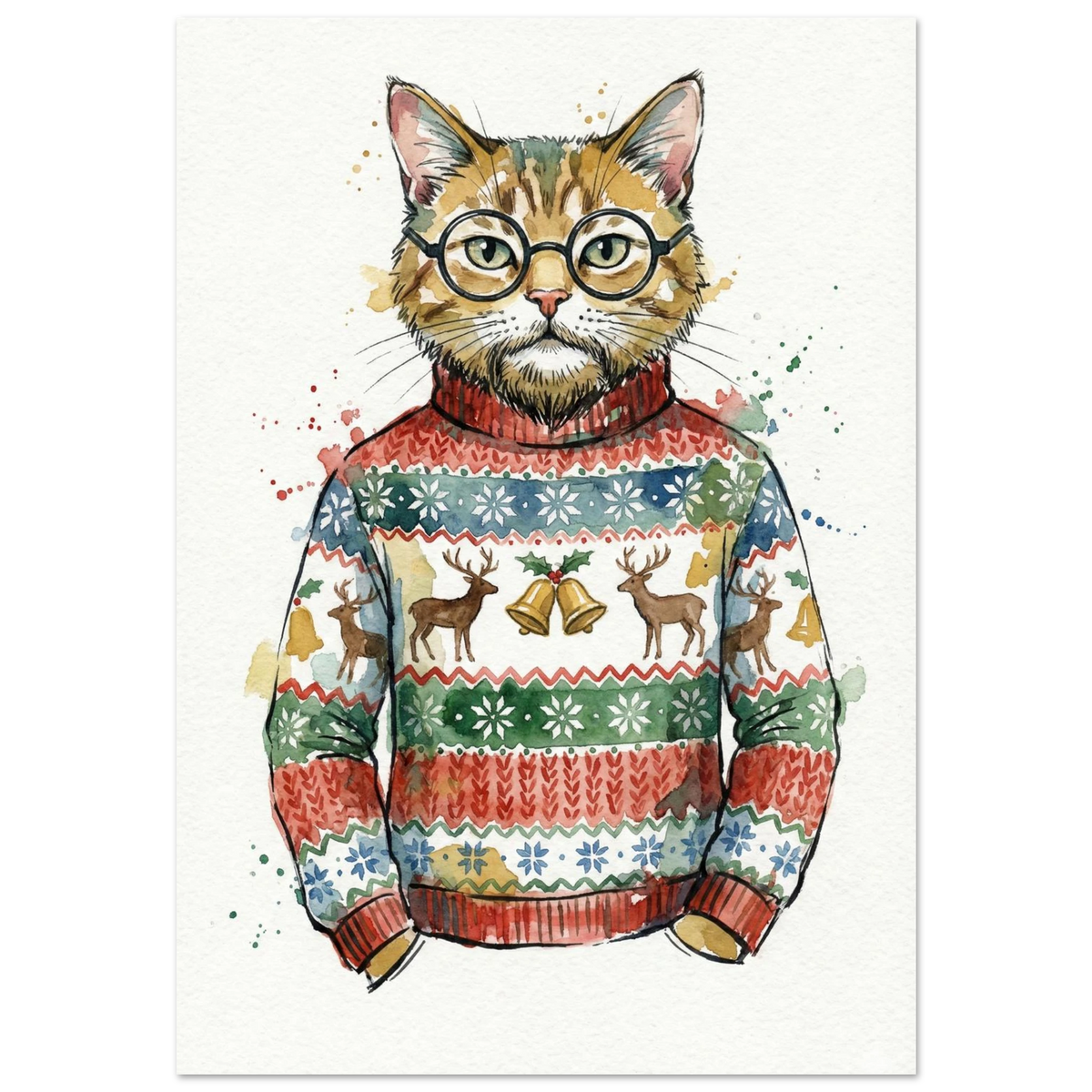 Akvarellmålning av katt i röd jultröja med renar och glasögon