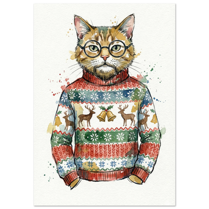 Akvarellmålning av katt i röd jultröja med renar och glasögon