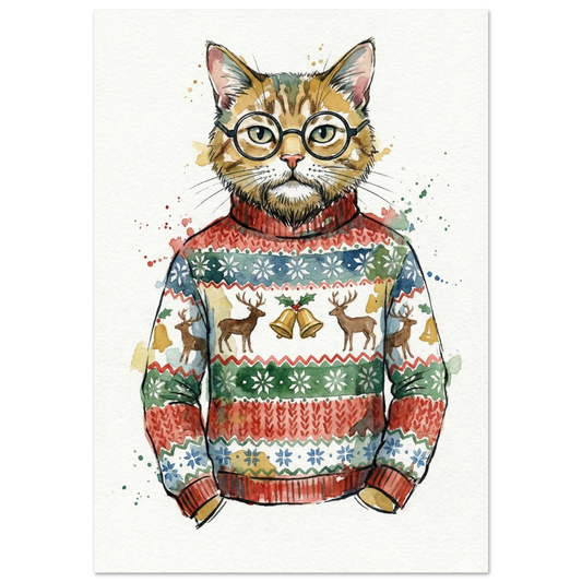 Akvarellmålning av katt i röd jultröja med renar och glasögon