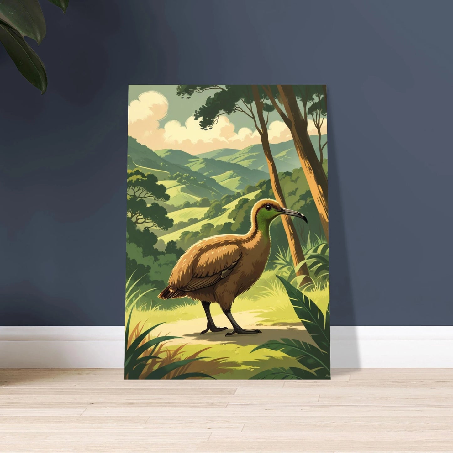 Kivi i frodigt grönt landskap, vintageinspirerad illustration av natur och djur.