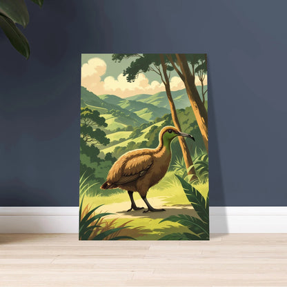 Kivi i frodigt grönt landskap, vintageinspirerad illustration av natur och djur.