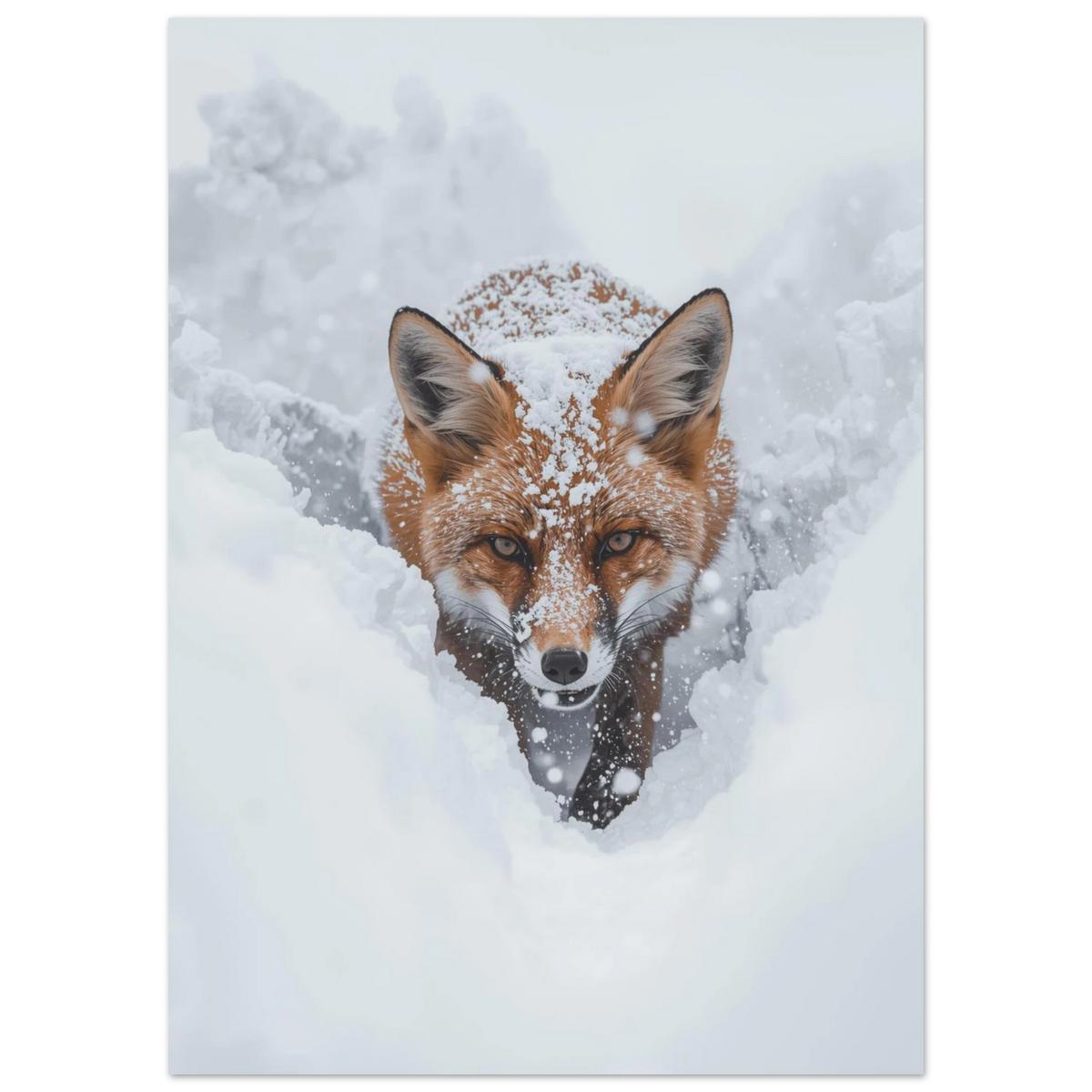 Närbild på räv med snöflingor i pälsen – atmosfärisk fotokonst