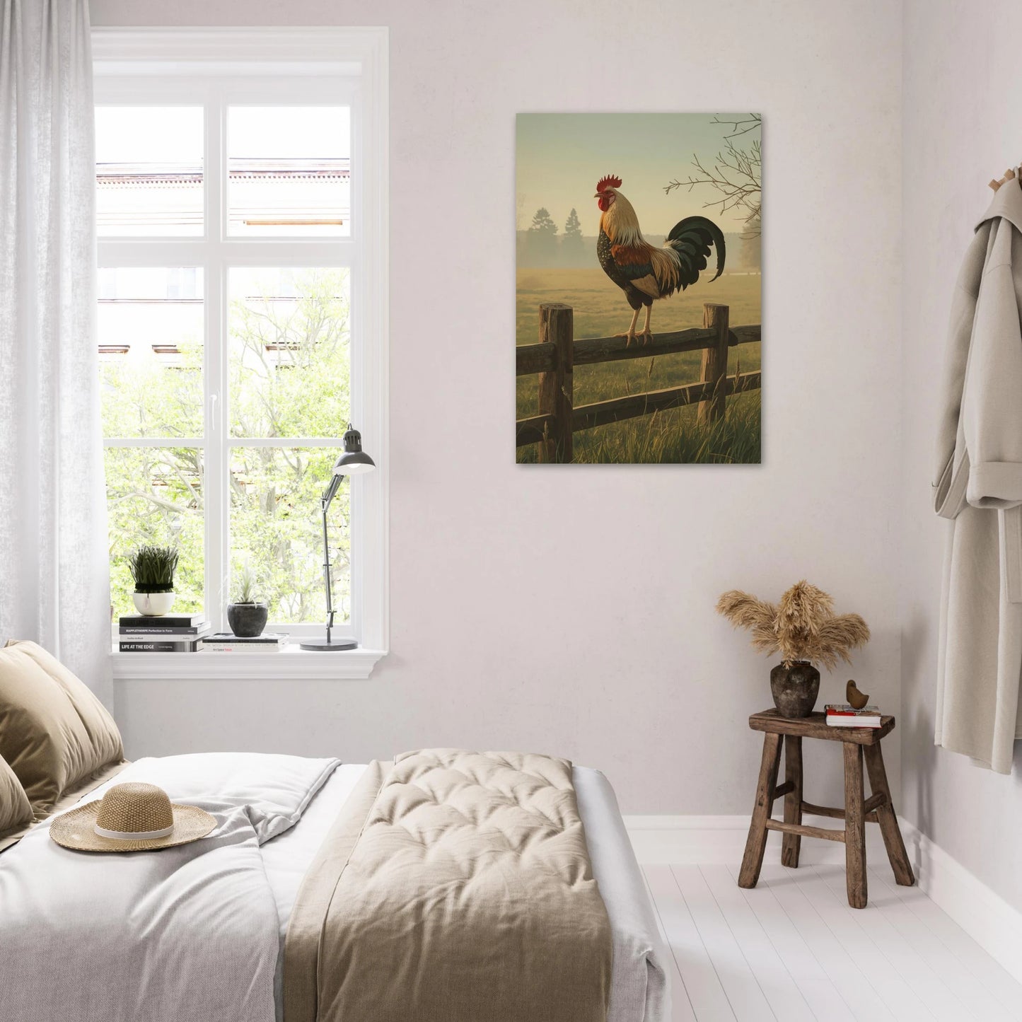 Tuppmotiv på vägg i sovrumsinredning, bredvid säng och fönster – Målad poster