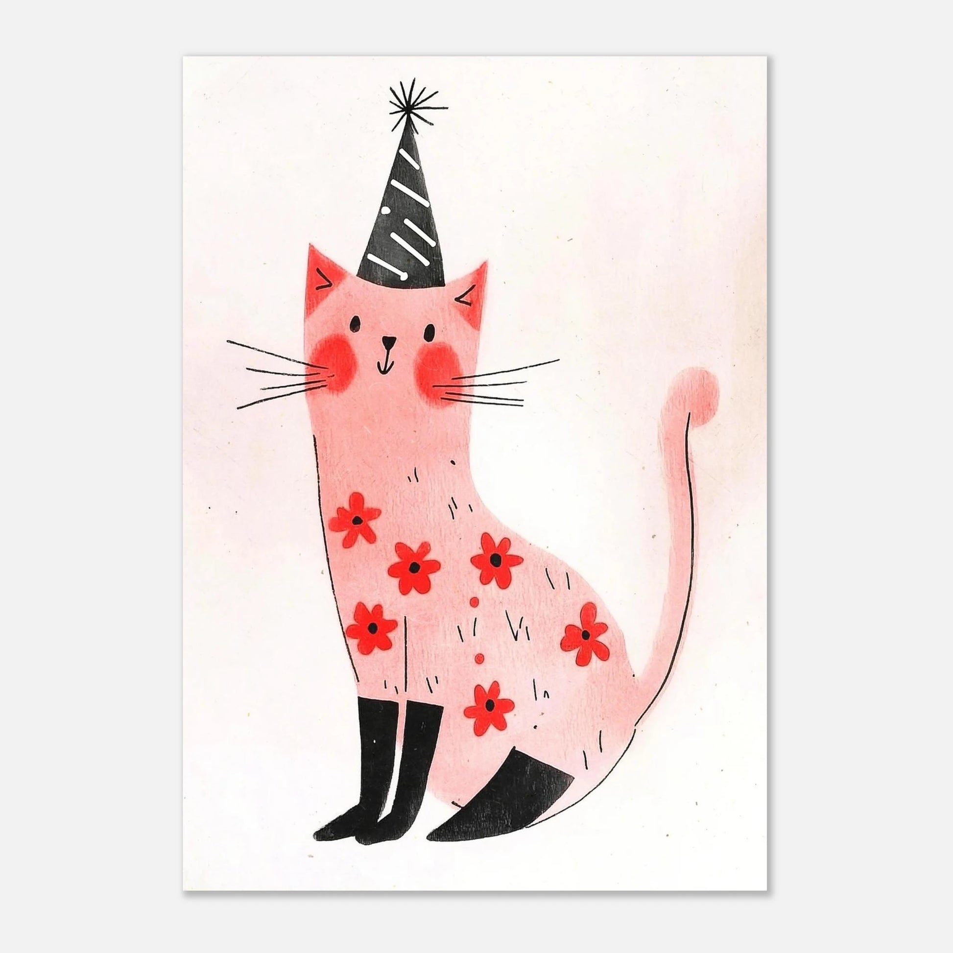 Stiliserad djurillustration av en glad rosa katt för festlig inredning