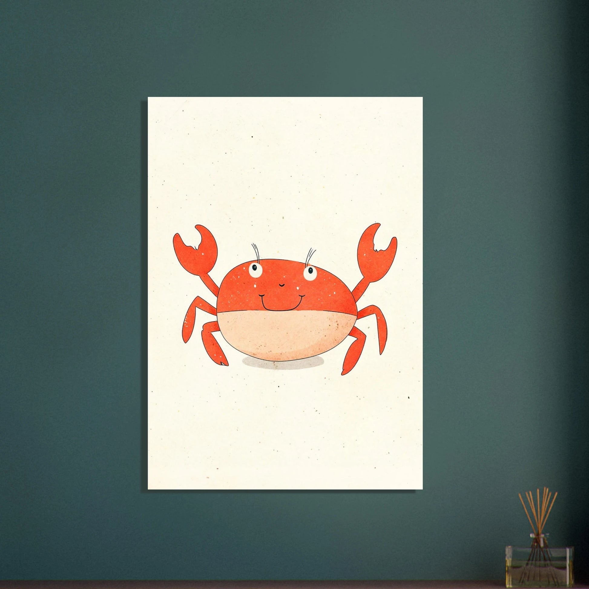 Lekfull krabba med glatt leende, charmig illustration för barnrum.