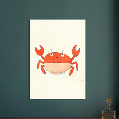 Lekfull krabba med glatt leende, charmig illustration för barnrum.