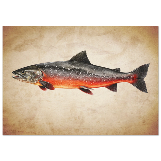 Röding med röd buk simmar mot beige patinerad bakgrund – retro poster