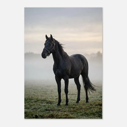 Elegant svart häst i morgondis, lugn och mystisk stämning