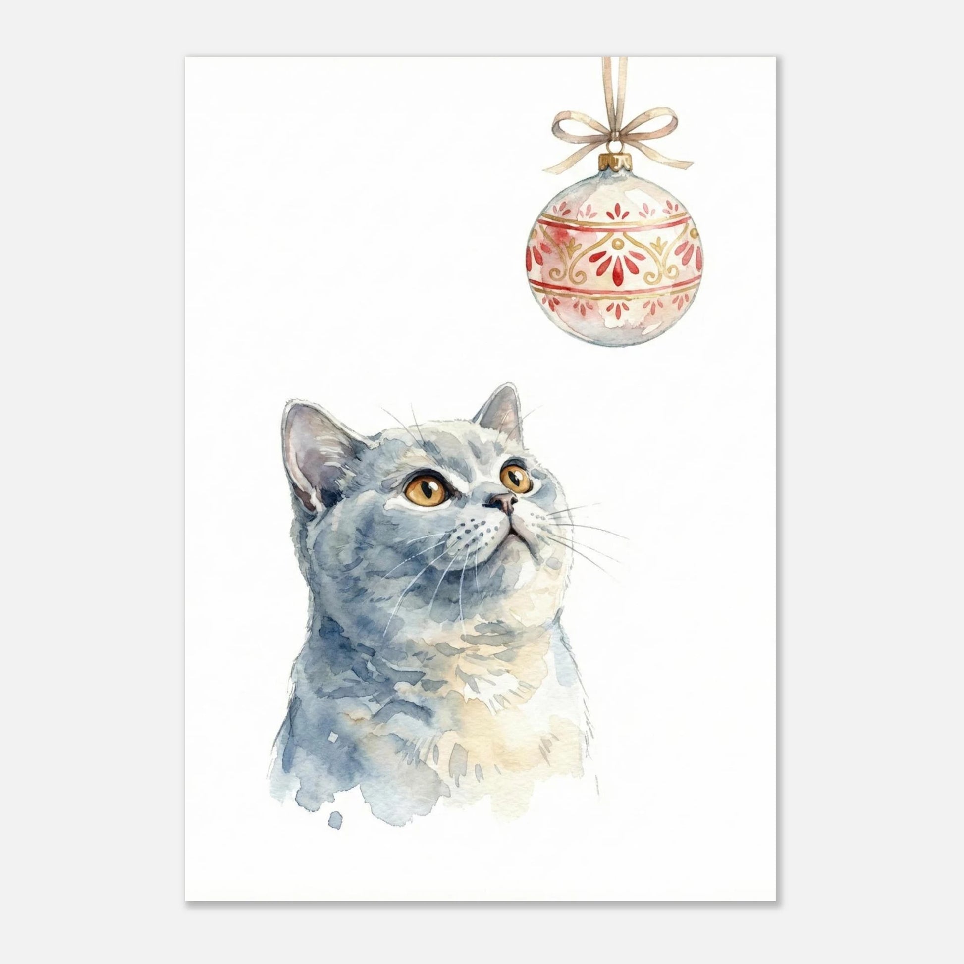 Vinterinspirerad djurposter föreställande en nyfiken katt och en juldekoration
