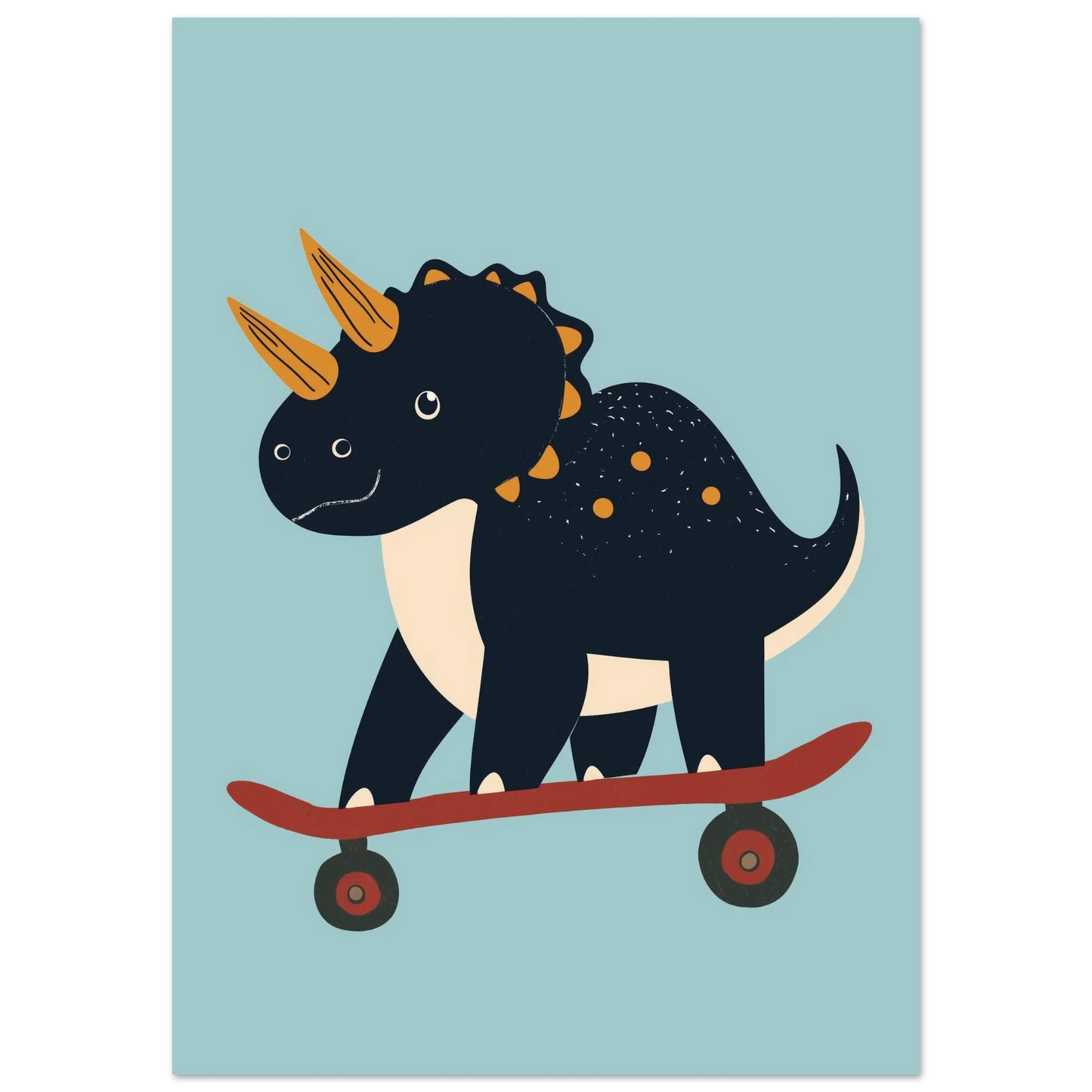 Triceratops-motiv för barnrummet med en dinosaurie på rullbräda, blå tavla