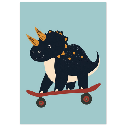 Triceratops-motiv för barnrummet med en dinosaurie på rullbräda, blå tavla