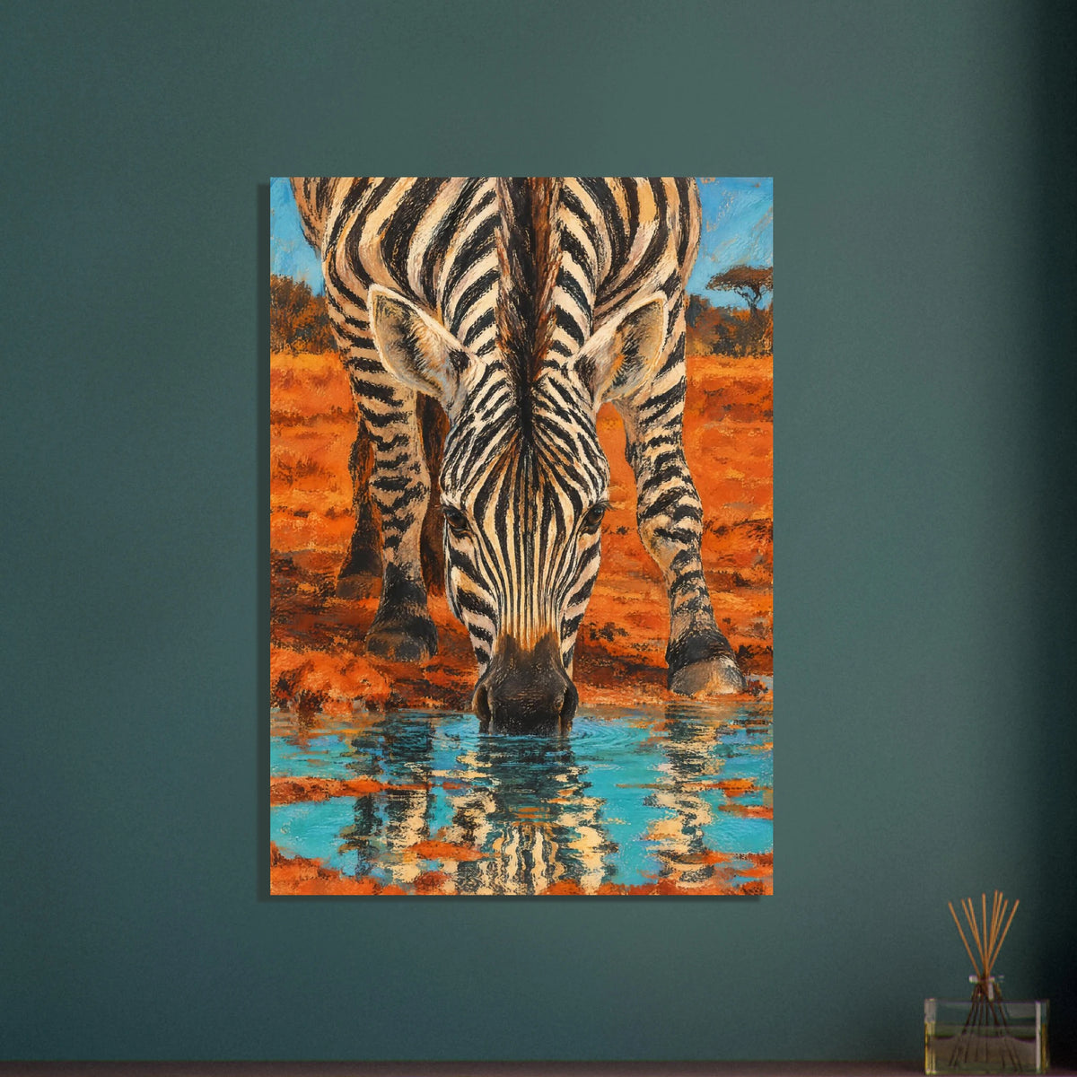 Zebra vid vattenhål speglad i turkost vatten i konstnärlig stil