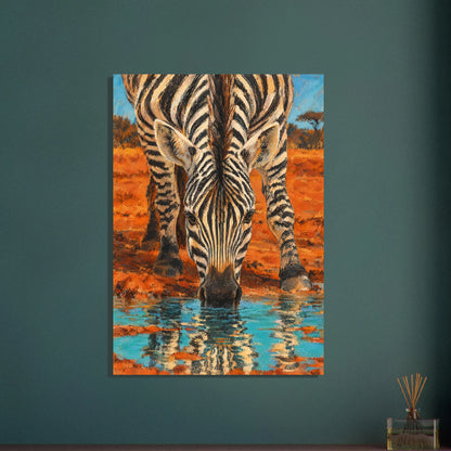 Zebra vid vattenhål speglad i turkost vatten i konstnärlig stil