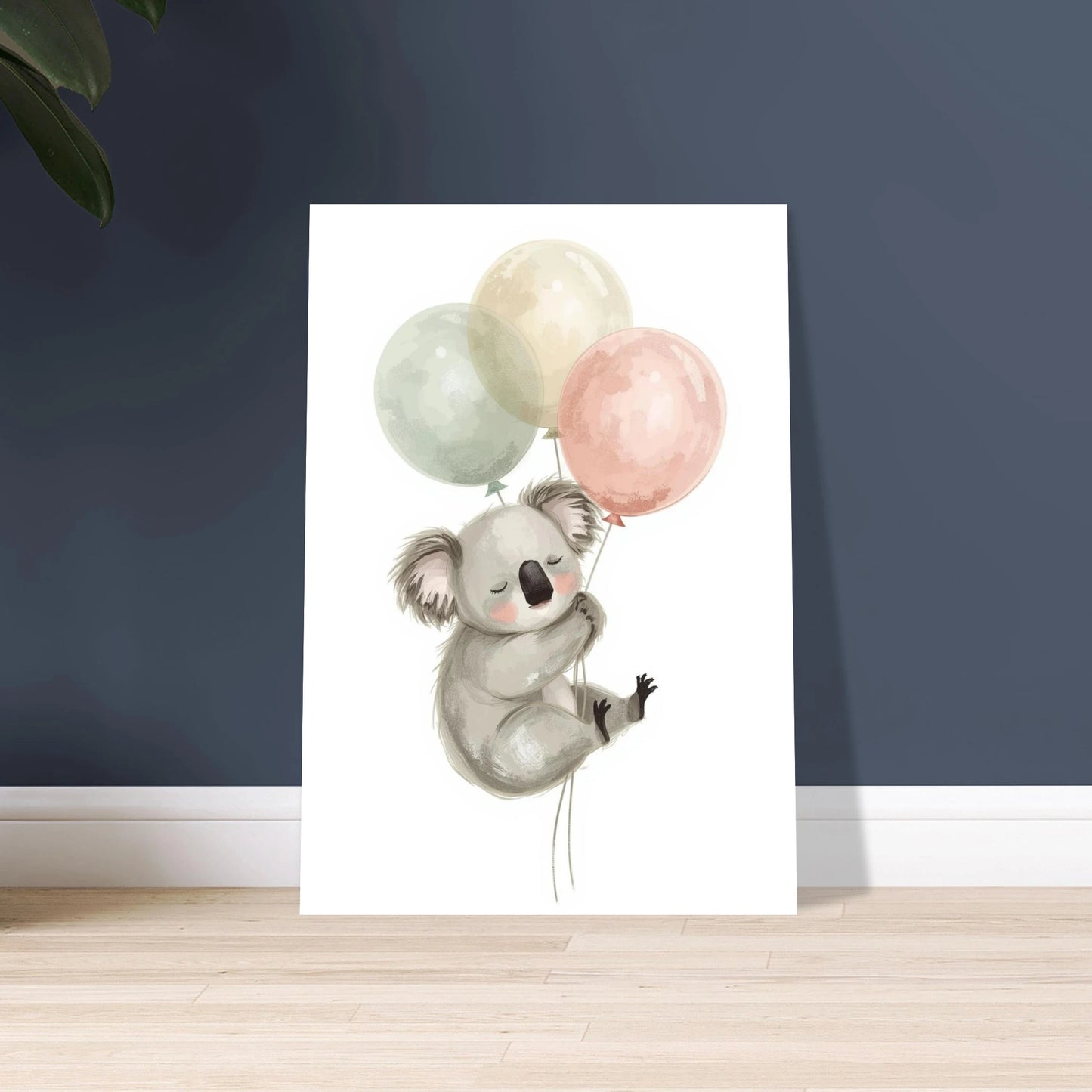 Söt koala som sover, håller i pastellfärgade ballonger, mjuk illustration.