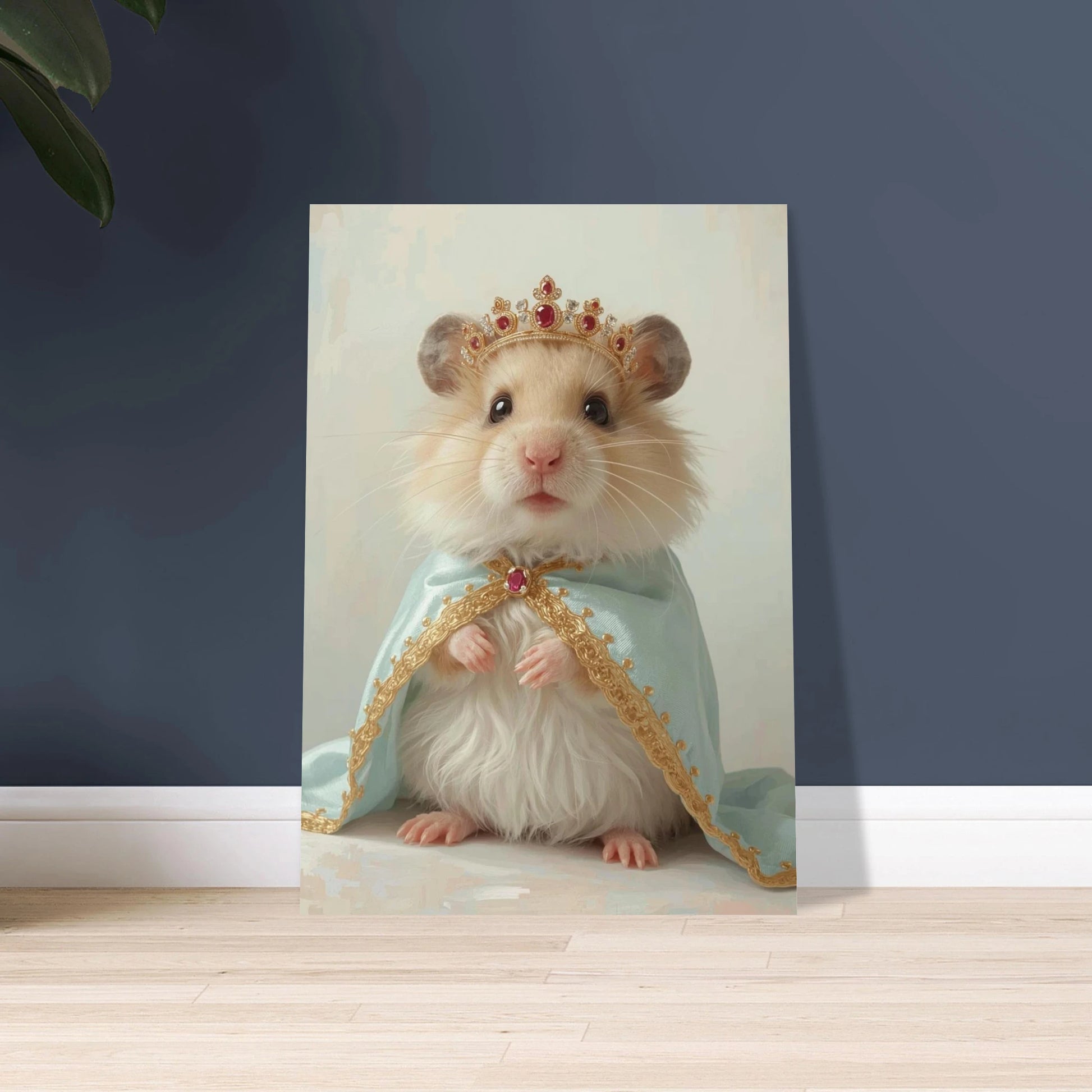 Hamster med kunglig krona och blå mantel, sagolik stämning
