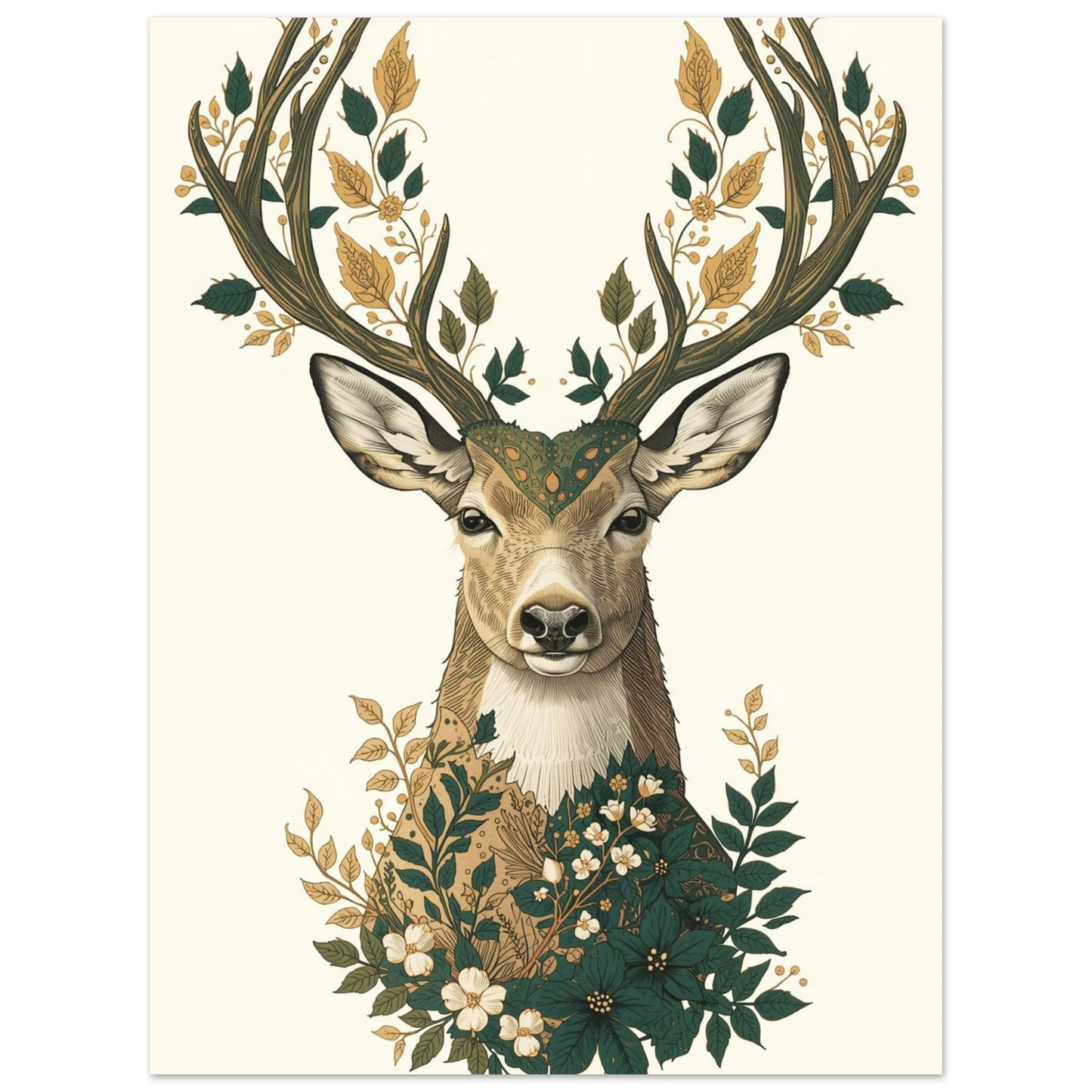 Detaljrik djurposter föreställande en hjort prydd med botaniska element och blad