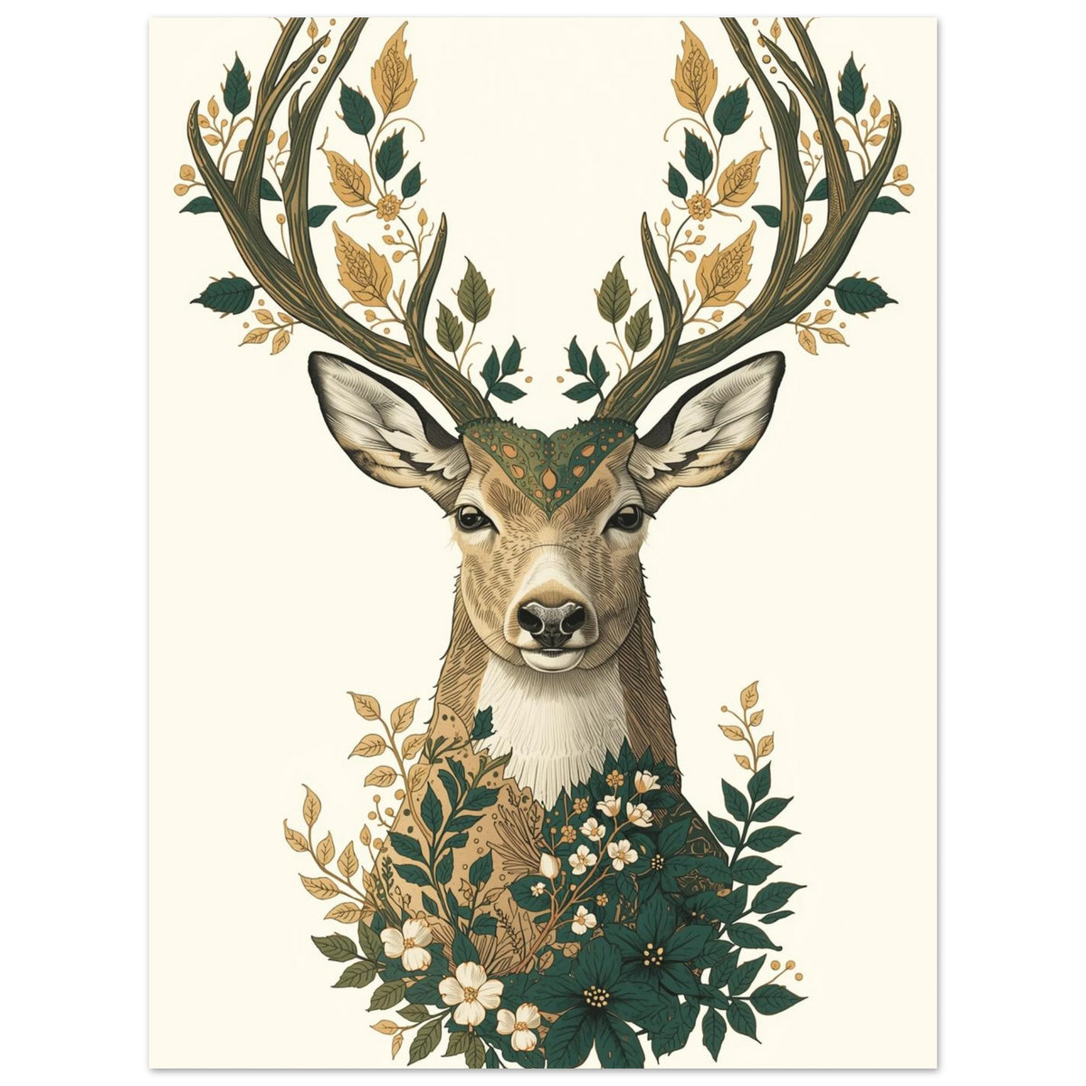 Detaljrik djurposter föreställande en hjort prydd med botaniska element och blad