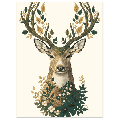 Detaljrik djurposter föreställande en hjort prydd med botaniska element och blad