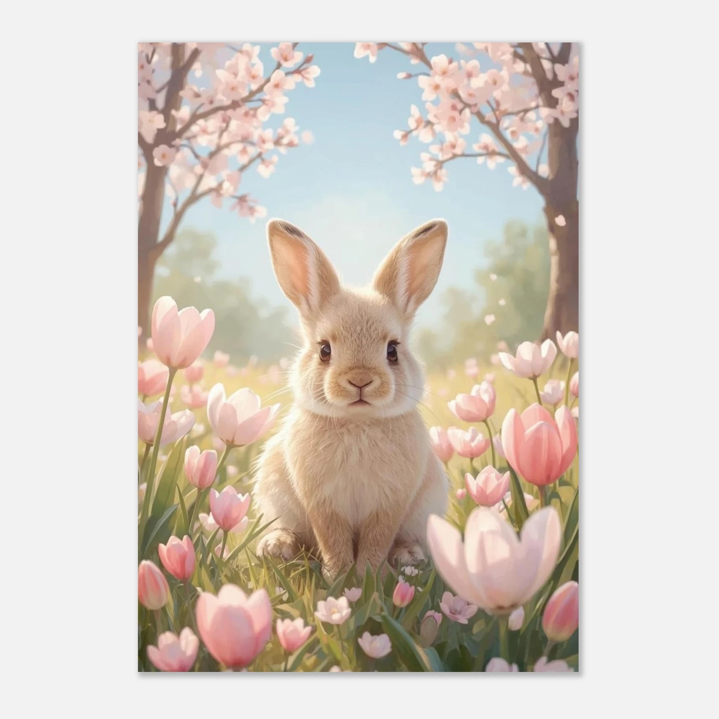 Charmig djurposter föreställande en kanin i soligt vårväder med mjuka rosa toner