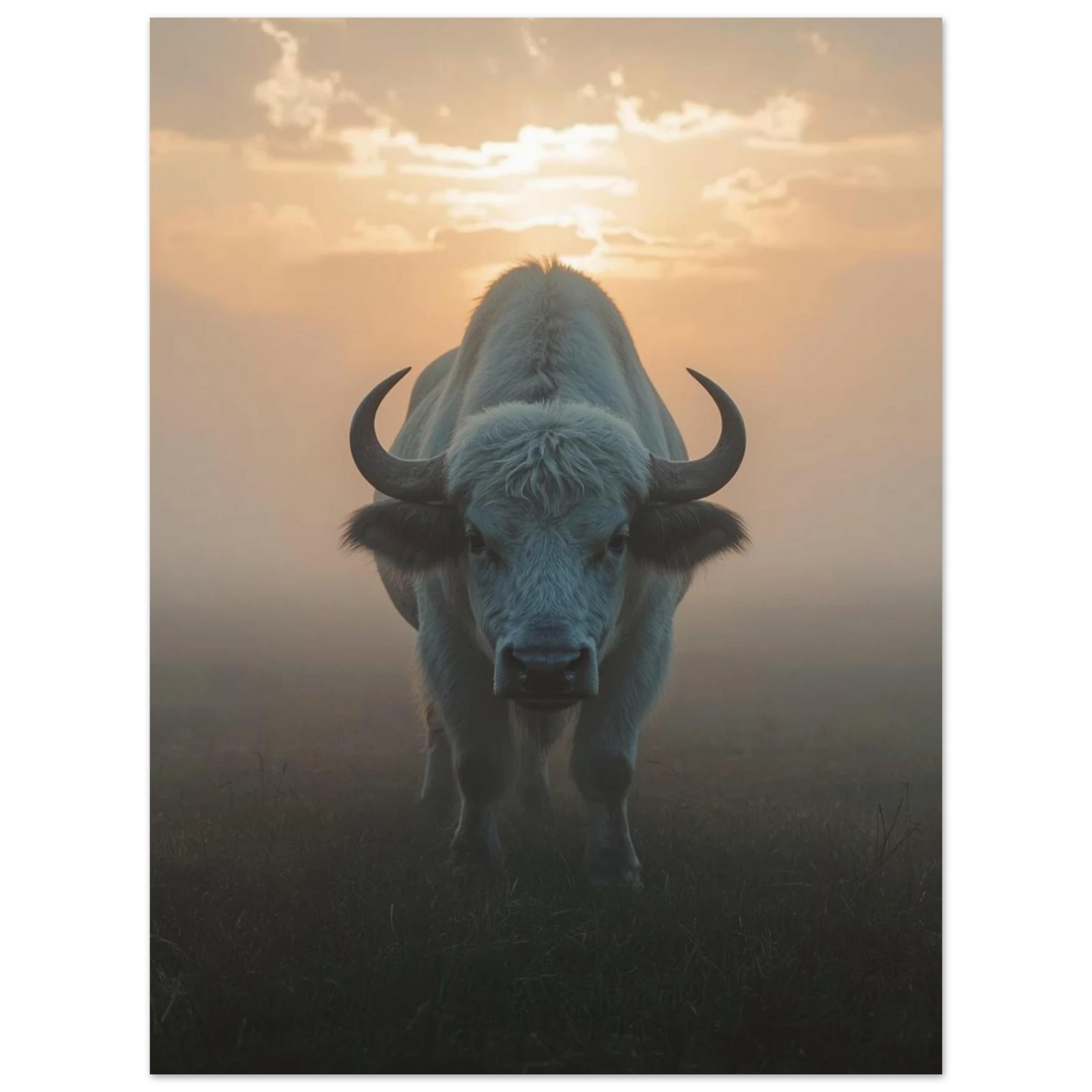 Kraftfull vit oxe som blickar framåt ur en dimmig vildmarksmiljö