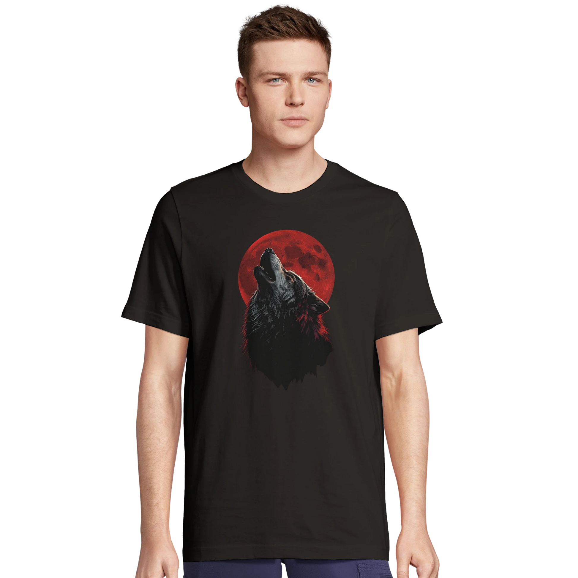 Man bär svart t-shirt med ylande varg och blodmåne-motiv, sett framifrån – Tecknad t-shirt